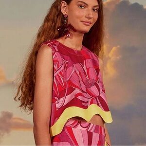 FARM Rio Red Endless Summer Crop Top New XL Floral Contrast Trim Open Back